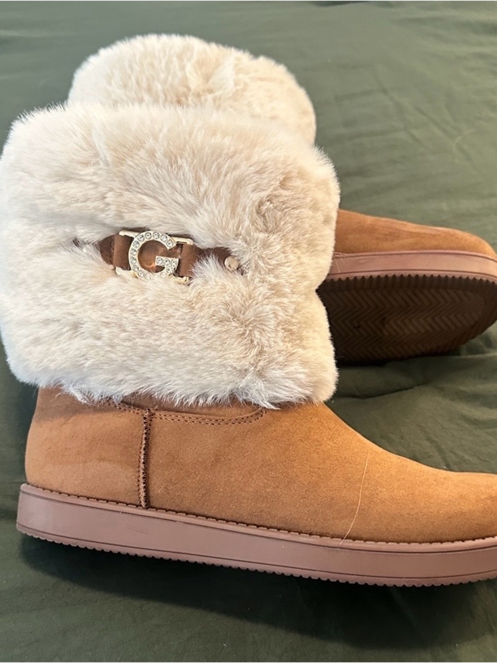 GBG Los Angeles Tan Suede Winter Boots with Cream Faux Fur Cuff